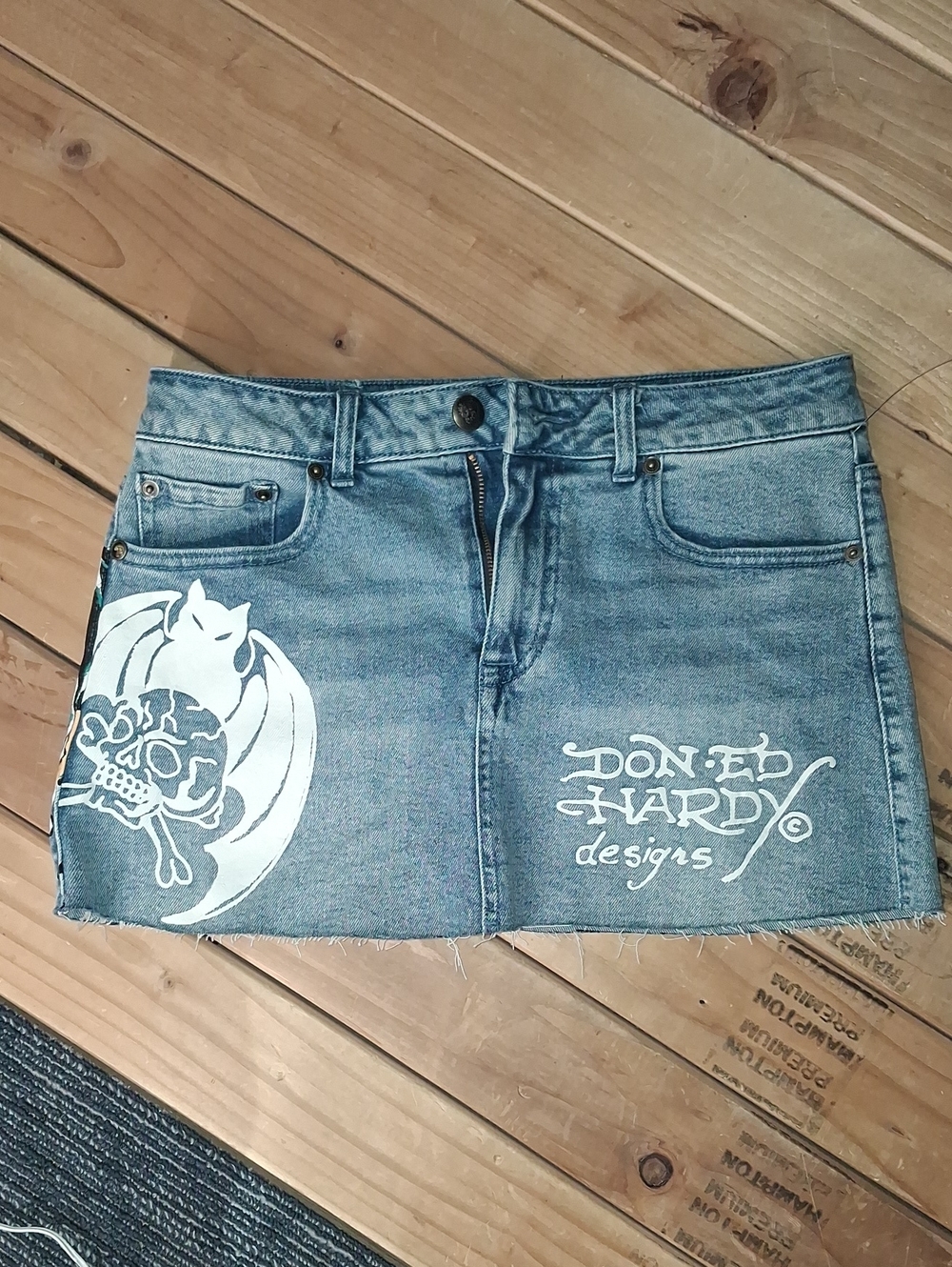 Ed Hardy Blue Denim Mini Skirt with White Graphic